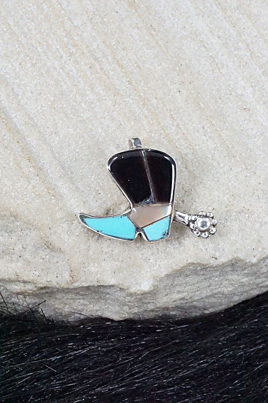 Turquoise, Shell, Onyx & Sterling Silver Pendant - Deanna Edaakie