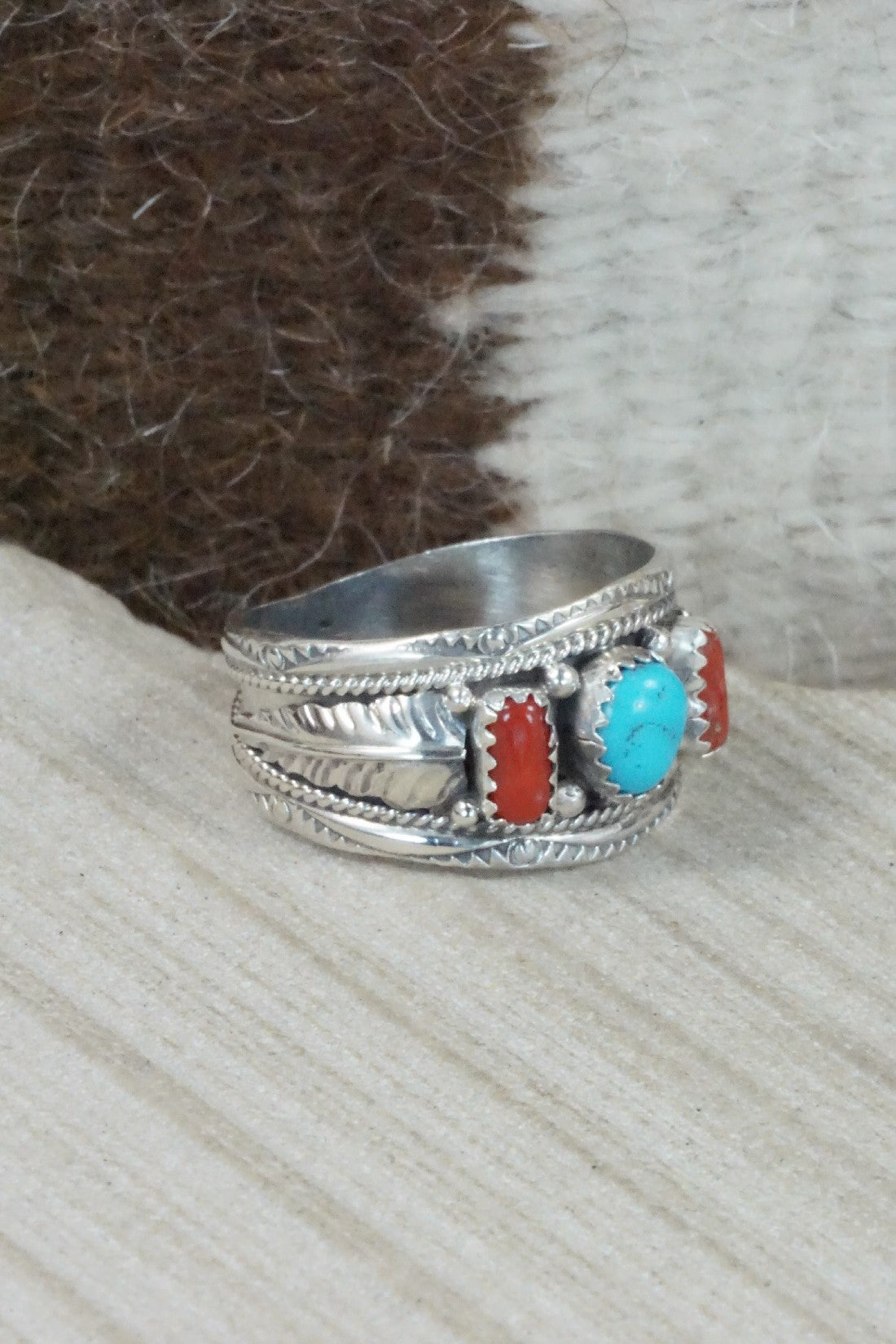 Turquoise, Coral & Sterling Silver Ring - Betty Begay - Size 12.5