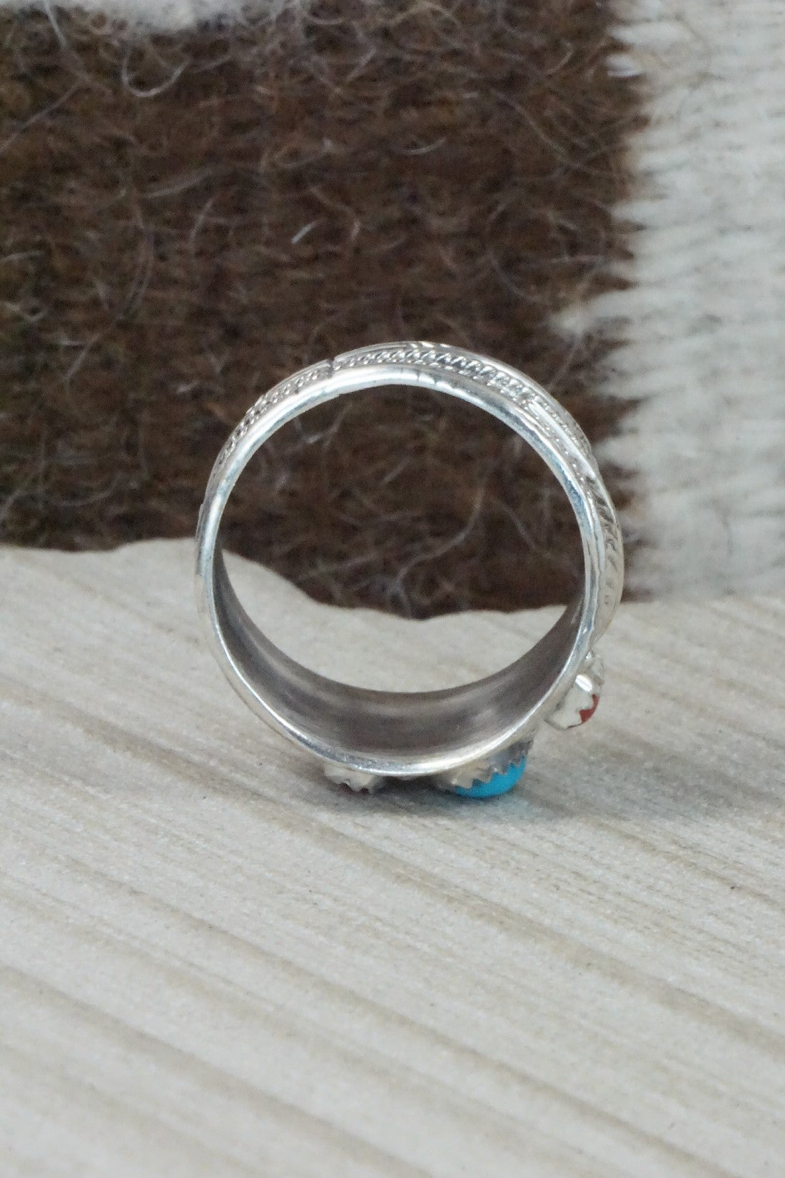 Turquoise, Coral & Sterling Silver Ring - Betty Begay - Size 12.25