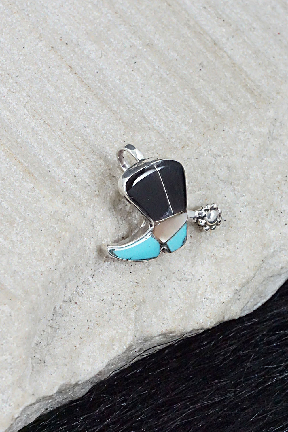 Turquoise, Shell, Onyx & Sterling Silver Pendant - Deanna Edaakie