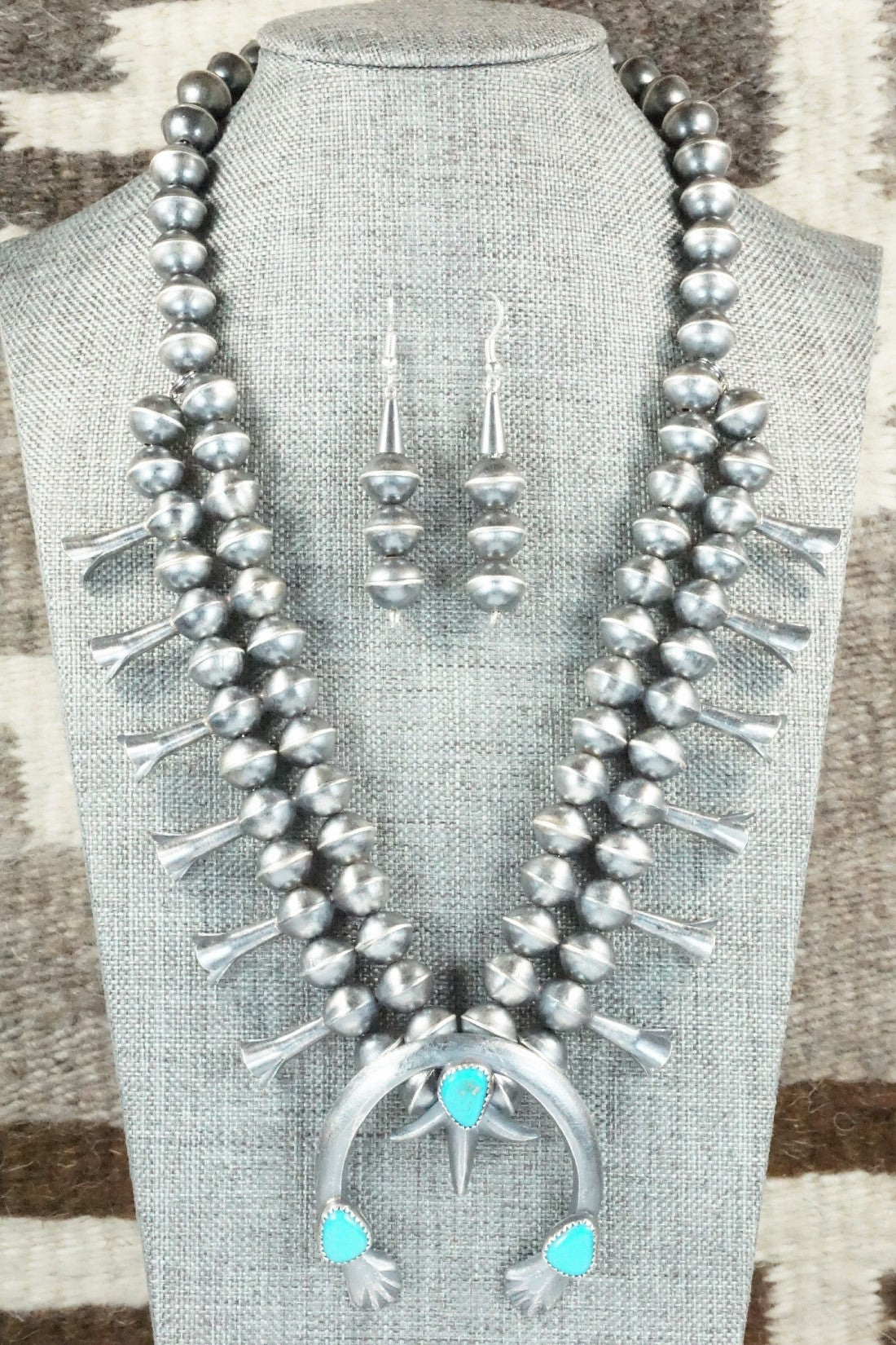 Turquoise & Sterling Silver Squash Blossom Necklace and Earrings - Gilbert Martin