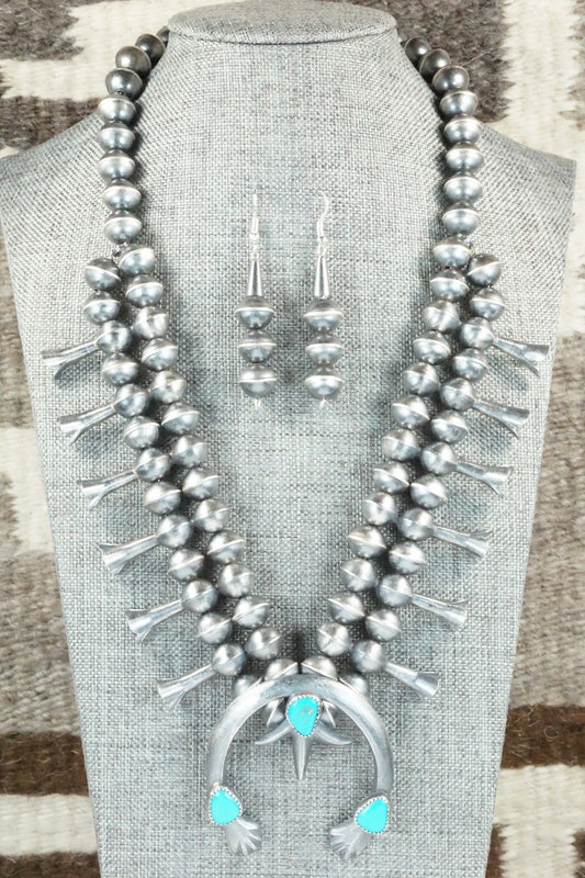 Turquoise & Sterling Silver Squash Blossom Necklace and Earrings - Gilbert Martin