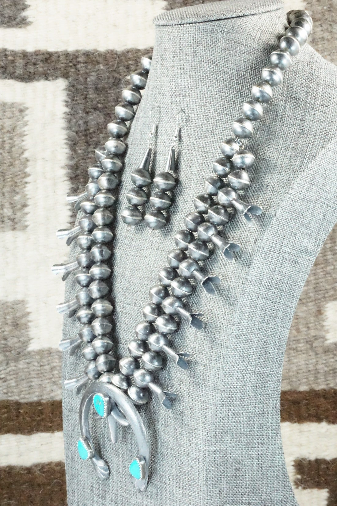 Turquoise & Sterling Silver Squash Blossom Necklace and Earrings - Gilbert Martin