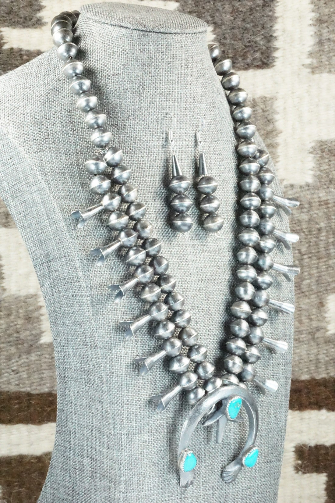 Turquoise & Sterling Silver Squash Blossom Necklace and Earrings - Gilbert Martin
