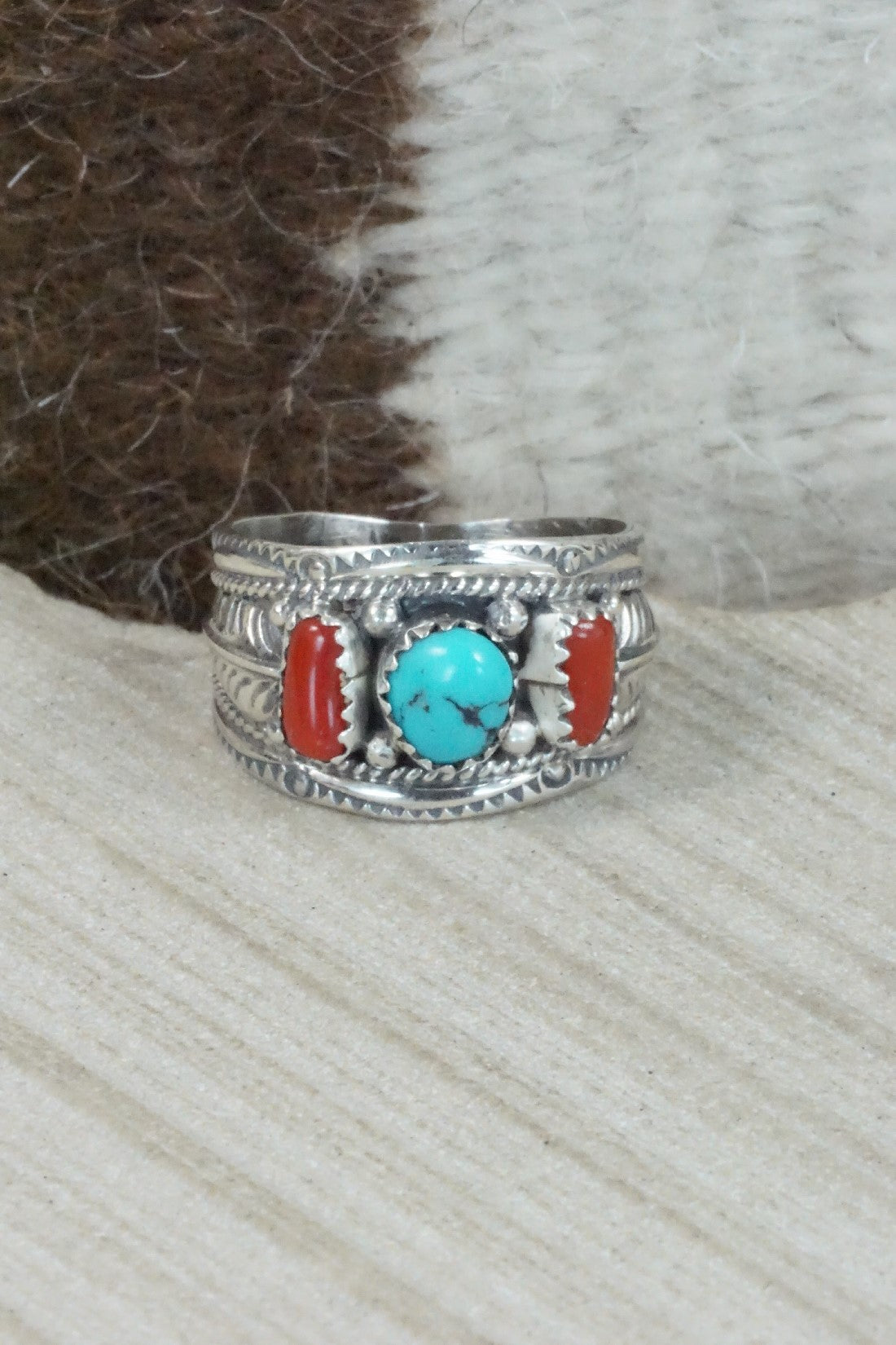 Turquoise, Coral & Sterling Silver Ring - Betty Begay - Size 10