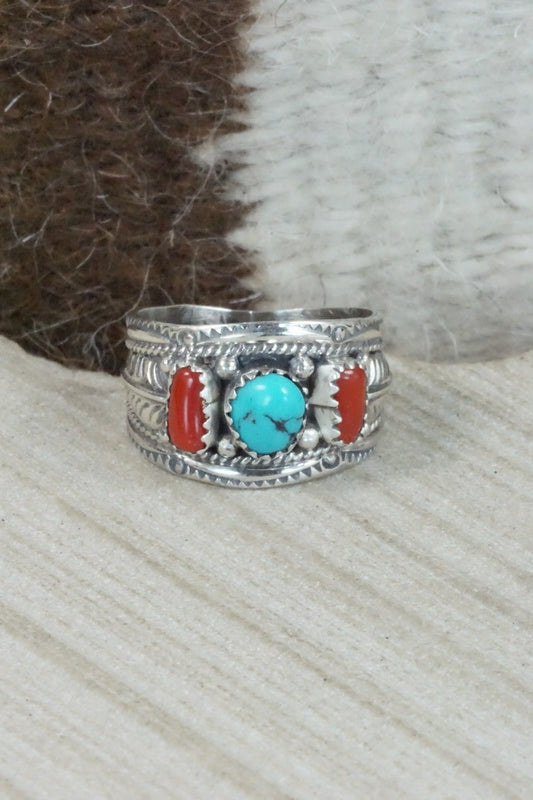 Turquoise, Coral & Sterling Silver Ring - Betty Begay - Size 10