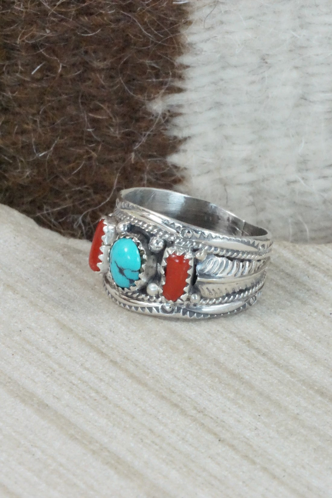 Turquoise, Coral & Sterling Silver Ring - Betty Begay - Size 10