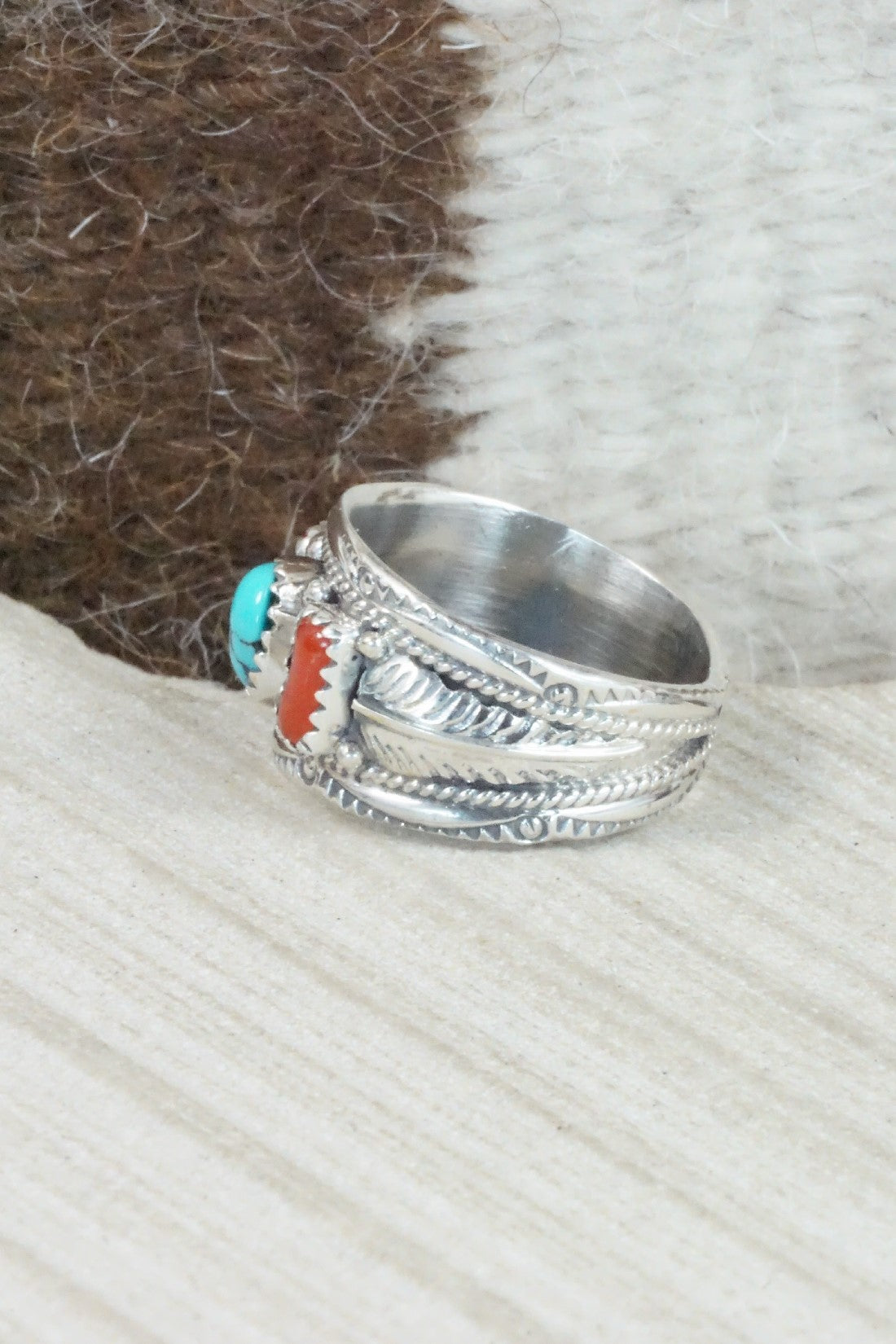 Turquoise, Coral & Sterling Silver Ring - Betty Begay - Size 10