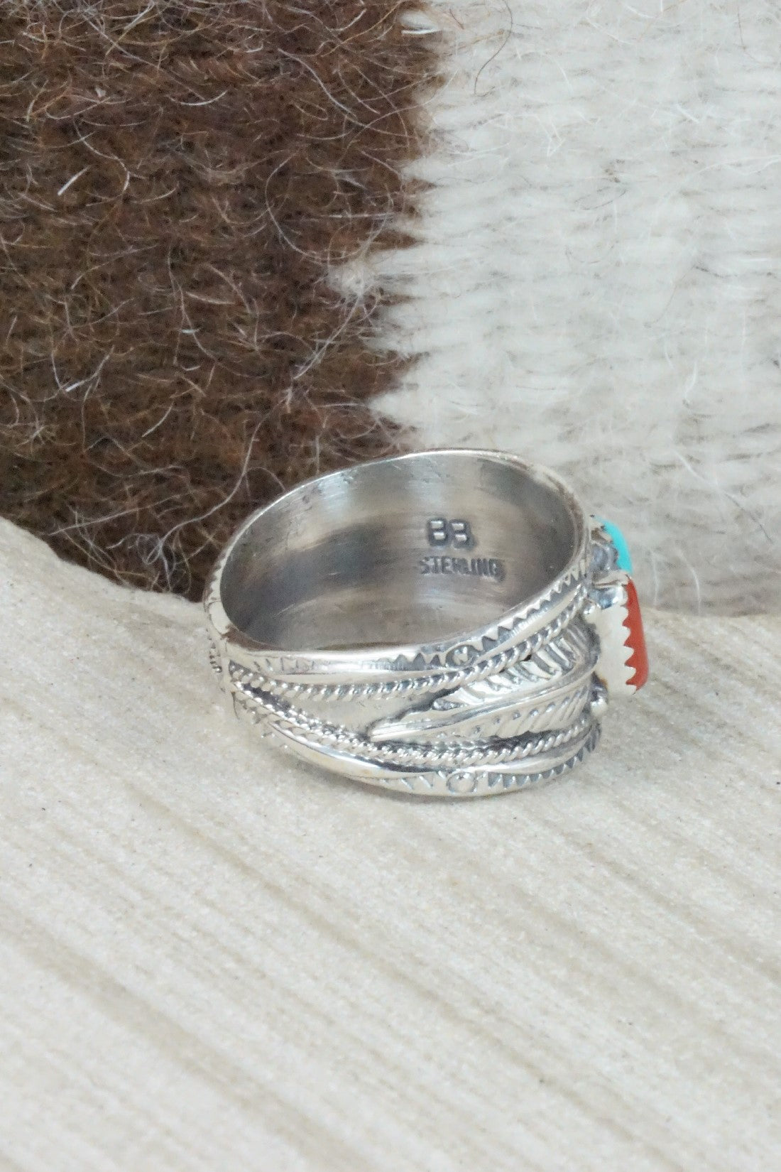 Turquoise, Coral & Sterling Silver Ring - Betty Begay - Size 10