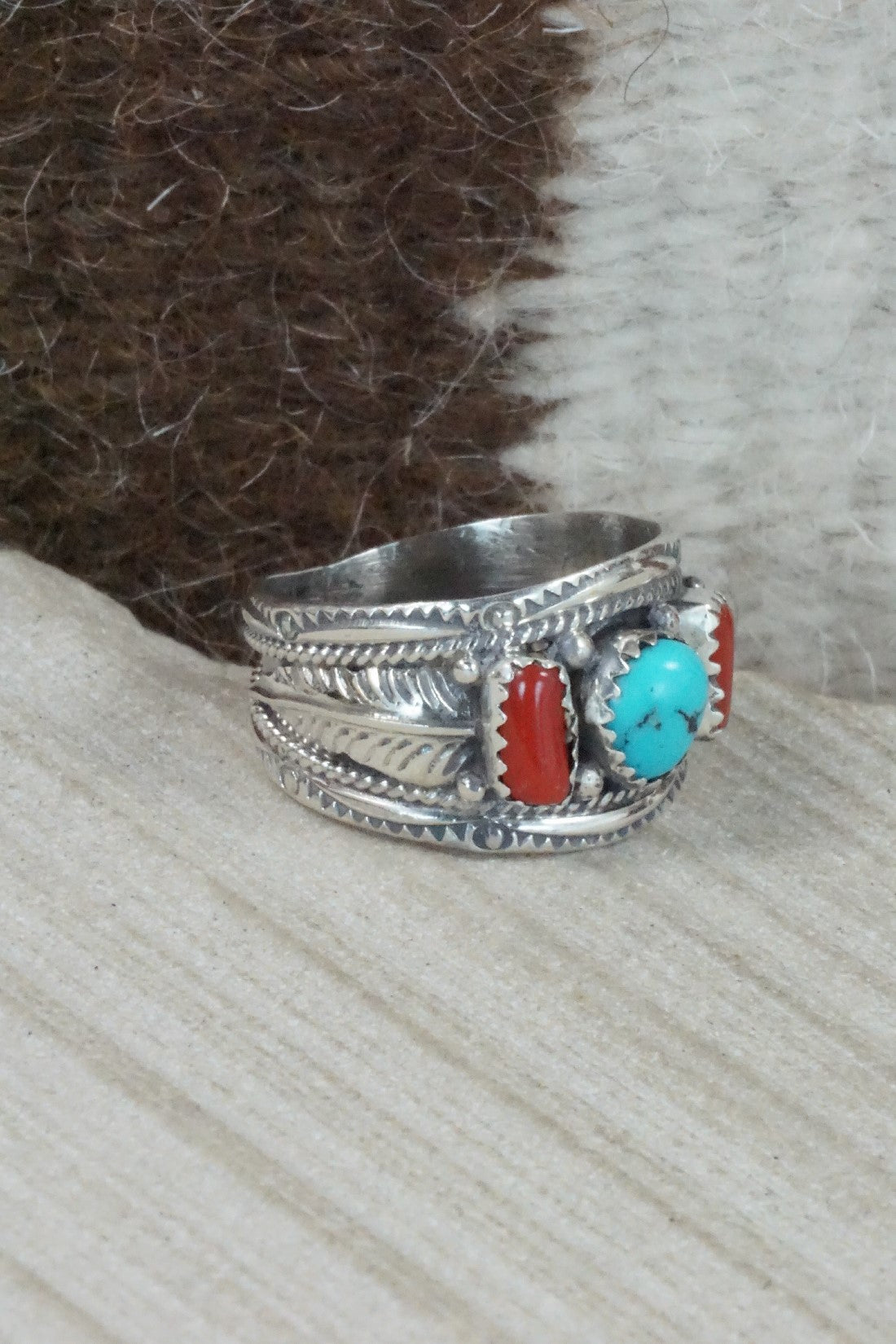 Turquoise, Coral & Sterling Silver Ring - Betty Begay - Size 10