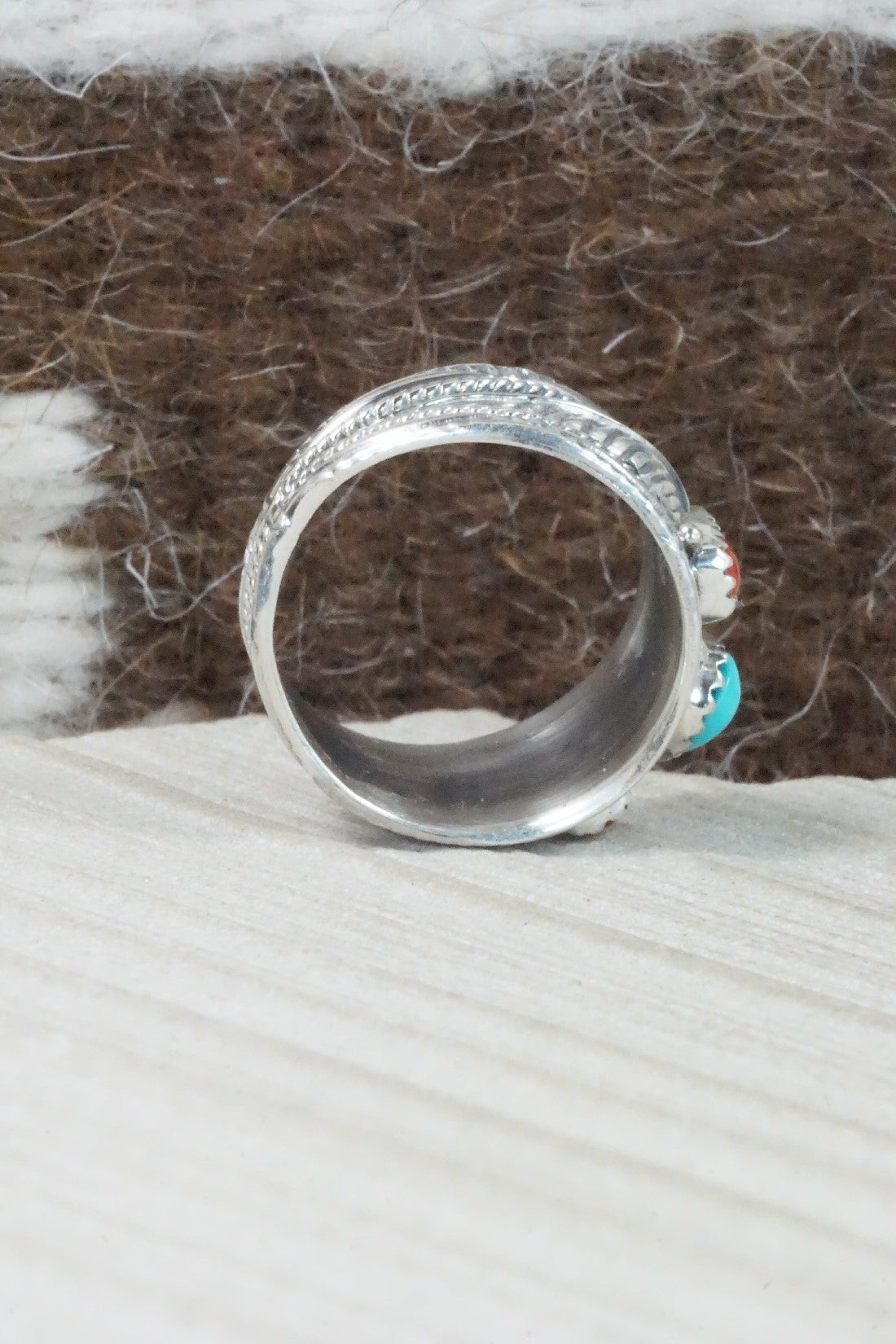 Turquoise, Coral & Sterling Silver Ring - Betty Begay - Size 10