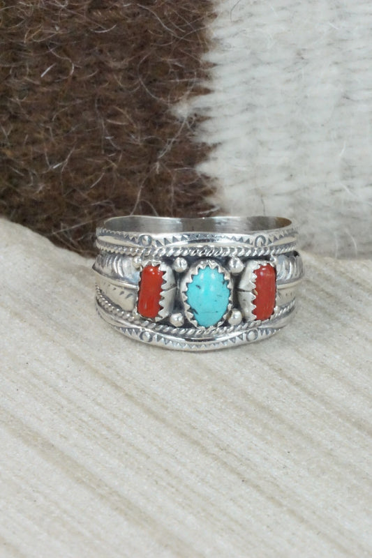 Turquoise, Coral & Sterling Silver Ring - Betty Begay - Size 13.25