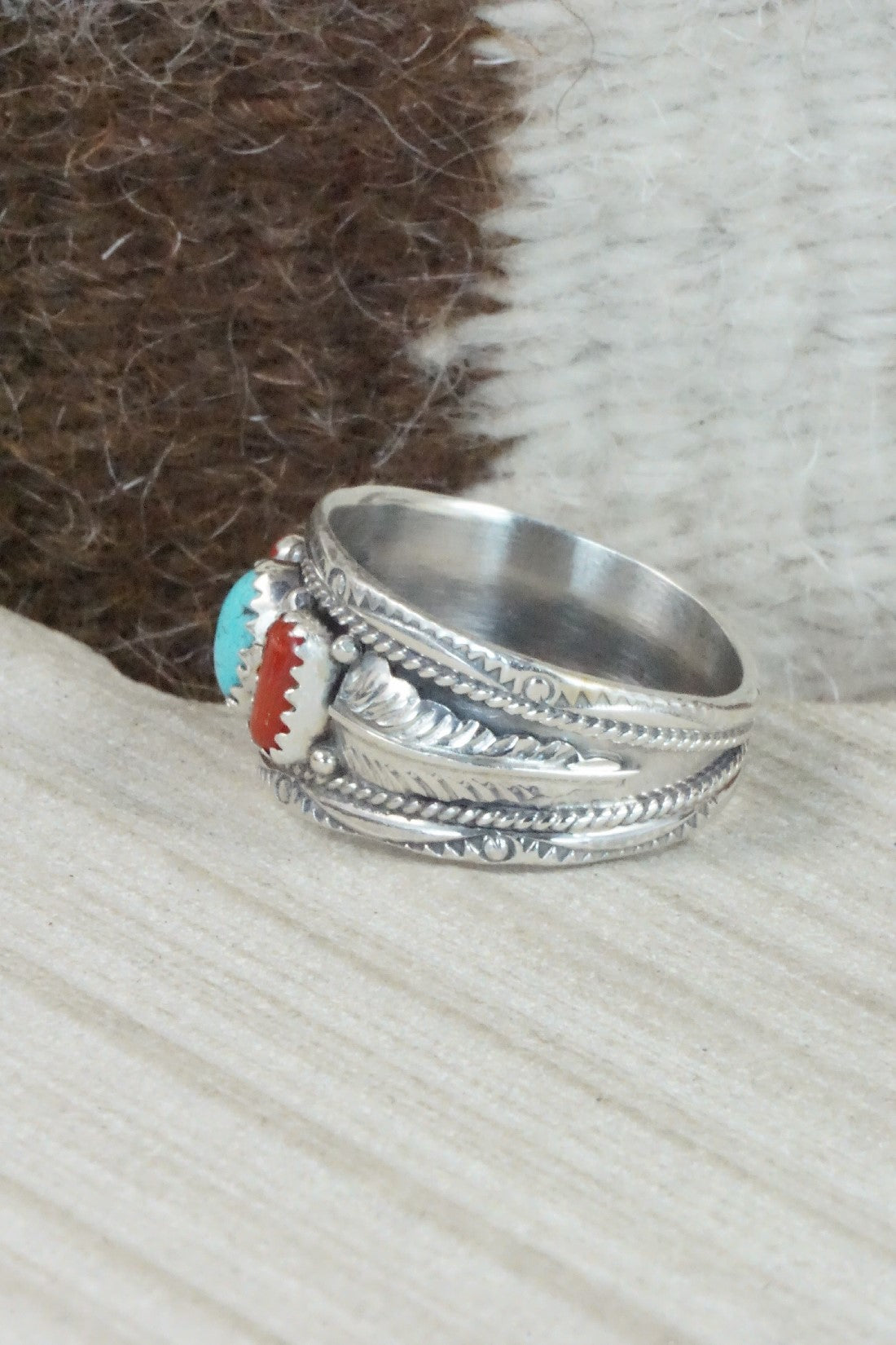 Turquoise, Coral & Sterling Silver Ring - Betty Begay - Size 13.25