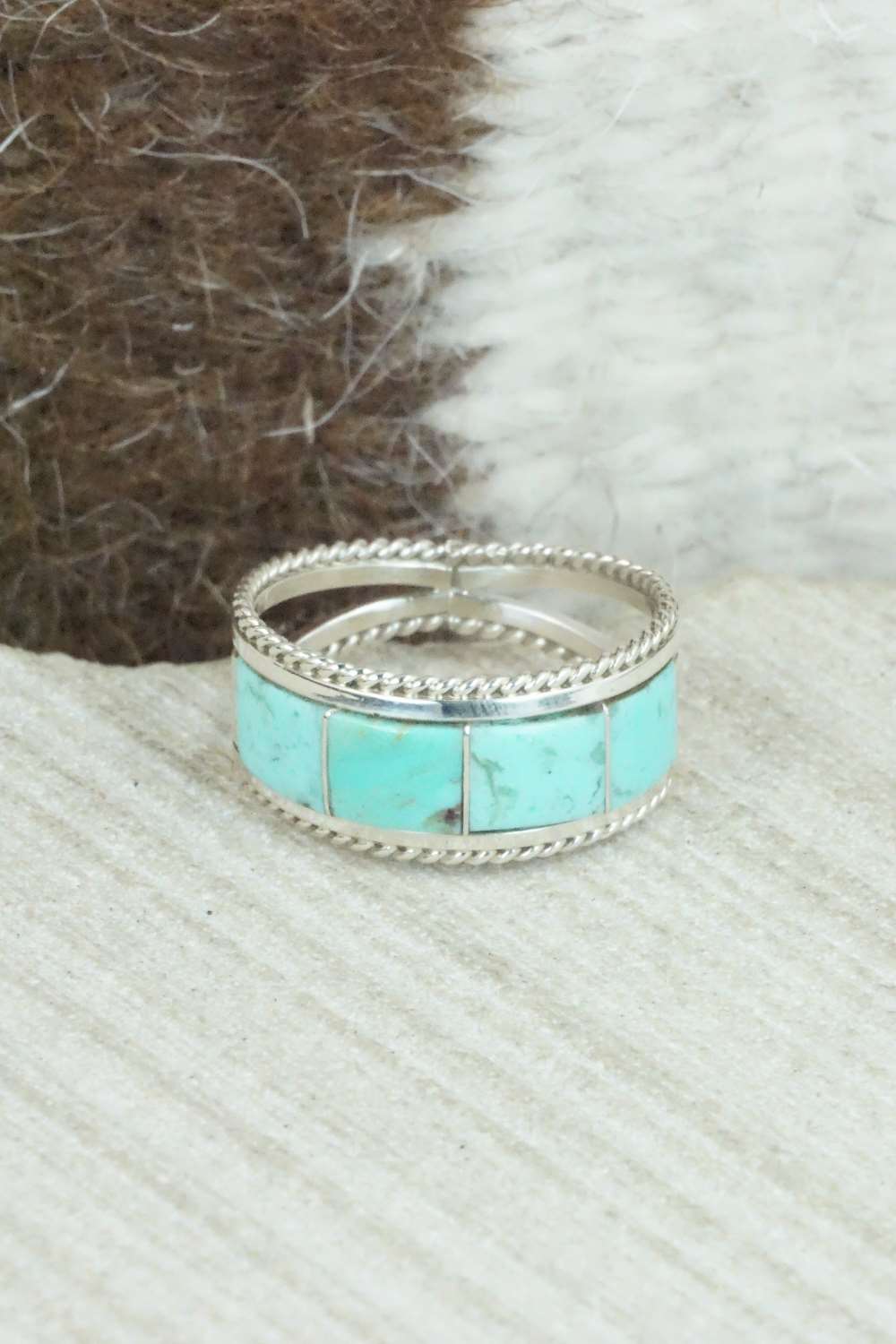 Turquoise & Sterling Silver Inlay Ring - Bruce Johnson - Size 6.5