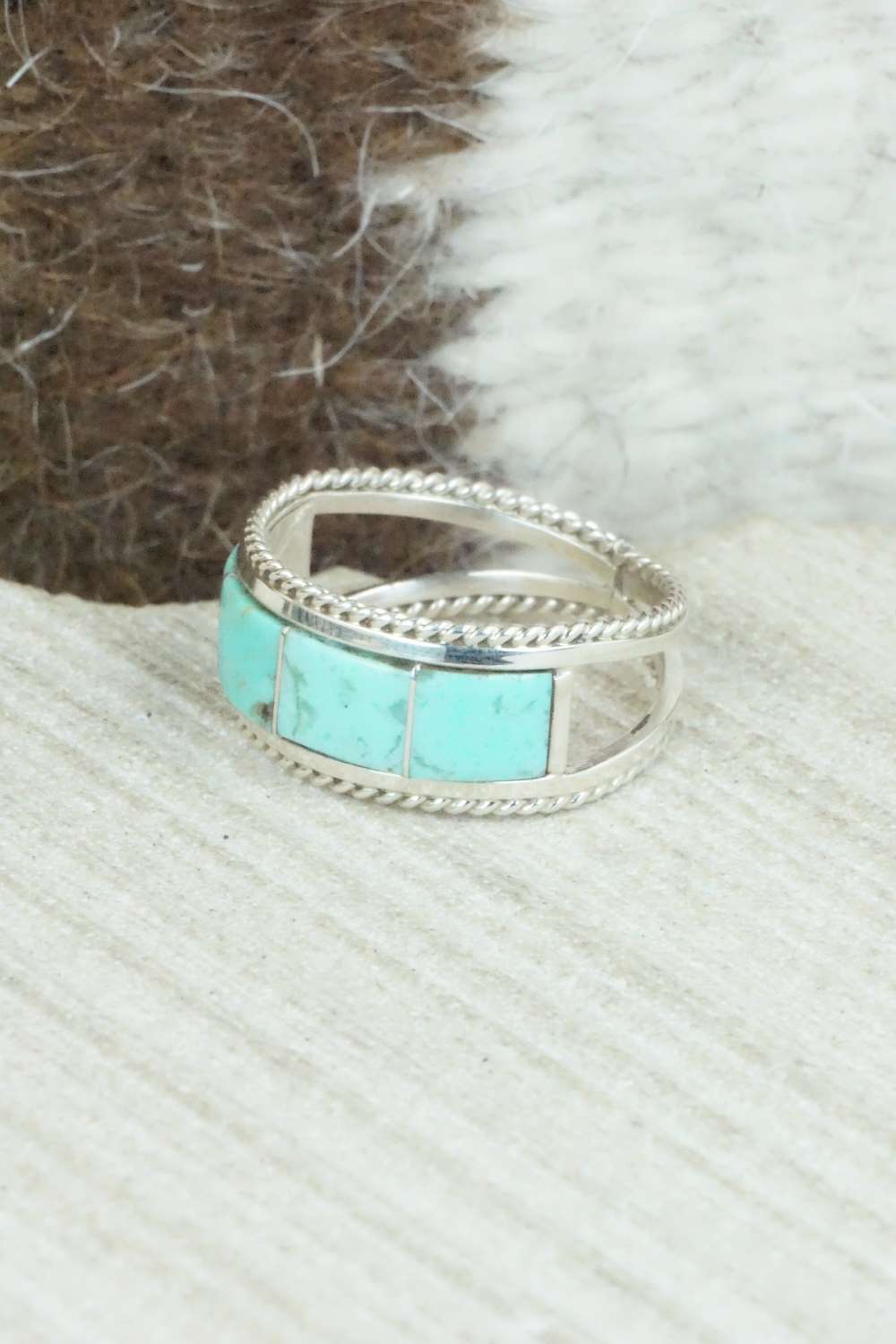 Turquoise & Sterling Silver Inlay Ring - Bruce Johnson - Size 6.5