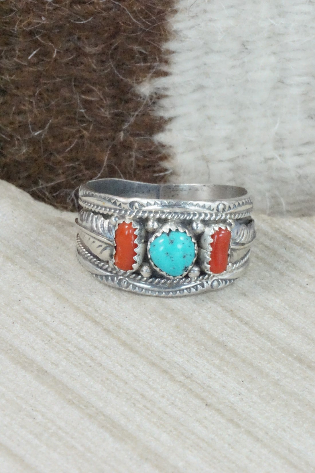 Turquoise, Coral & Sterling Silver Ring - Betty Begay - Size 14.25