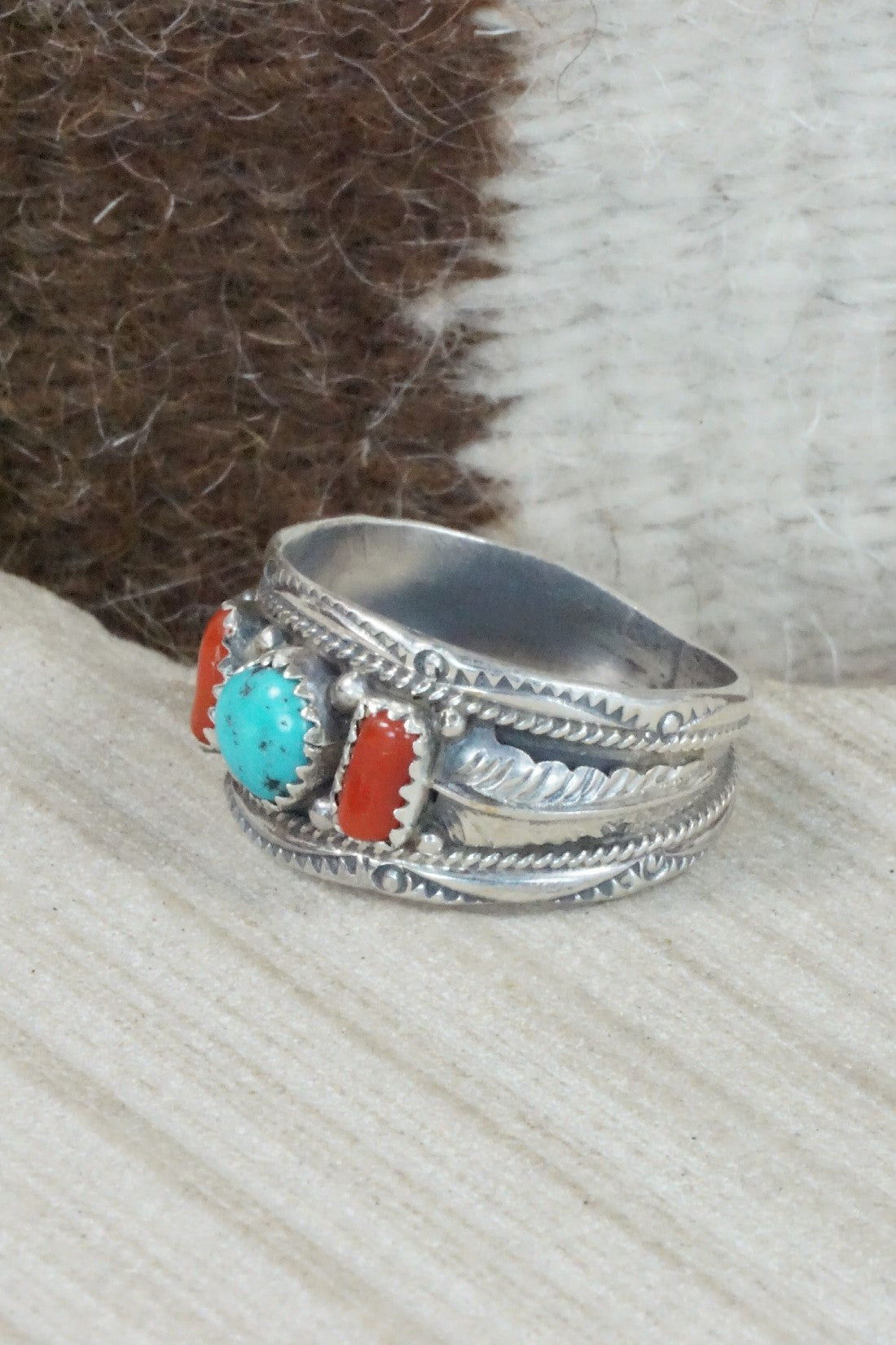 Turquoise, Coral & Sterling Silver Ring - Betty Begay - Size 14.25