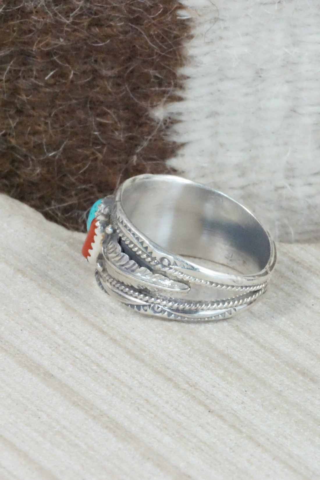 Turquoise, Coral & Sterling Silver Ring - Betty Begay - Size 14.25