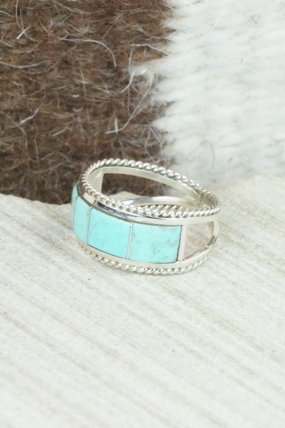 Turquoise & Sterling Silver Inlay Ring - Bruce Johnson - Size 6.5