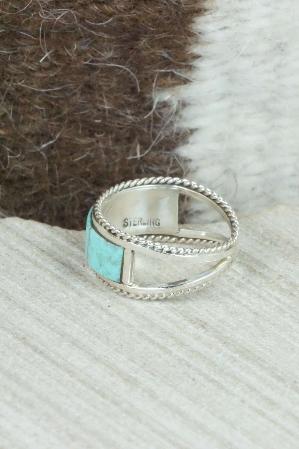 Turquoise & Sterling Silver Inlay Ring - Bruce Johnson - Size 6.5