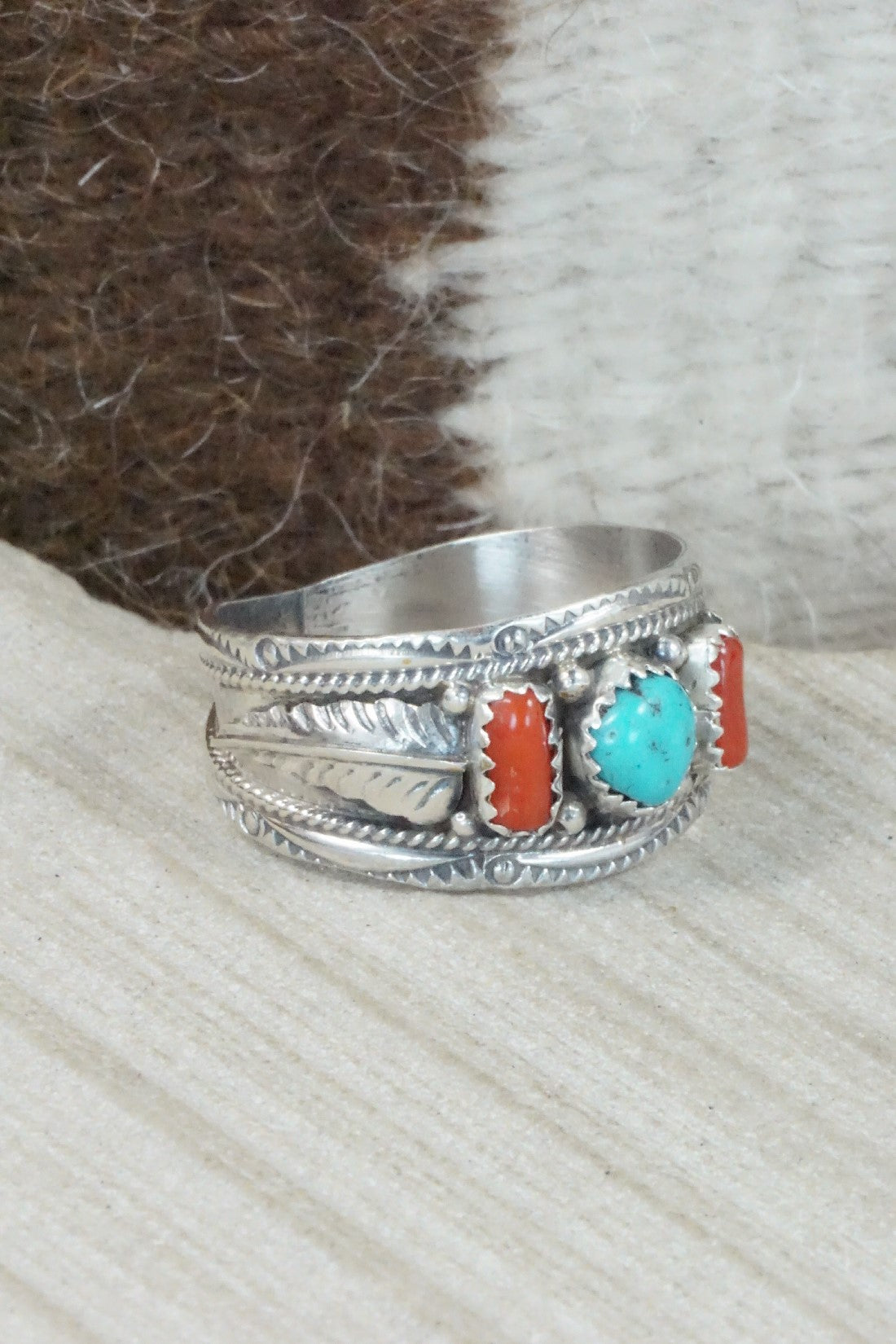 Turquoise, Coral & Sterling Silver Ring - Betty Begay - Size 14.25