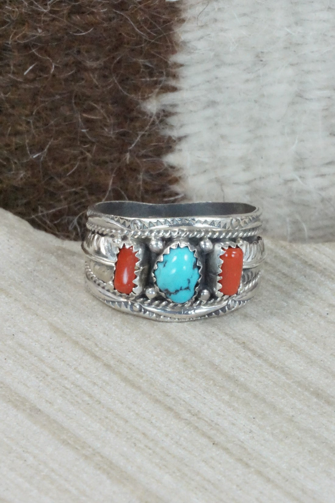 Turquoise, Coral & Sterling Silver Ring - Betty Begay - Size 12