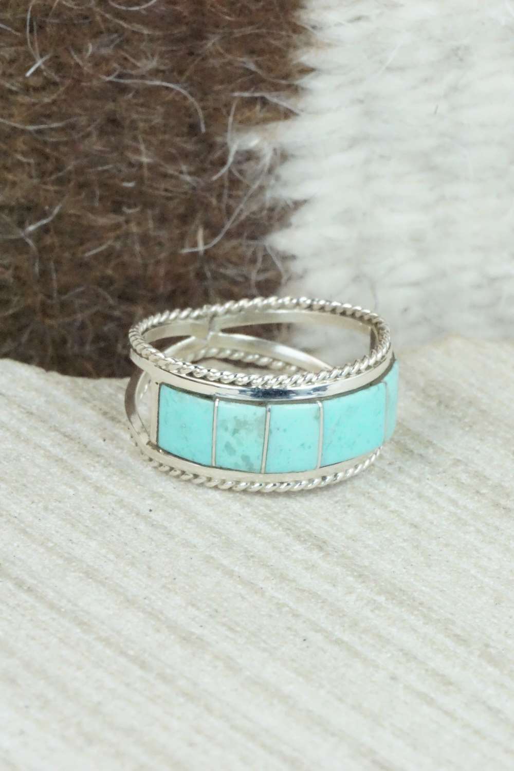 Turquoise & Sterling Silver Inlay Ring - Bruce Johnson - Size 6.5