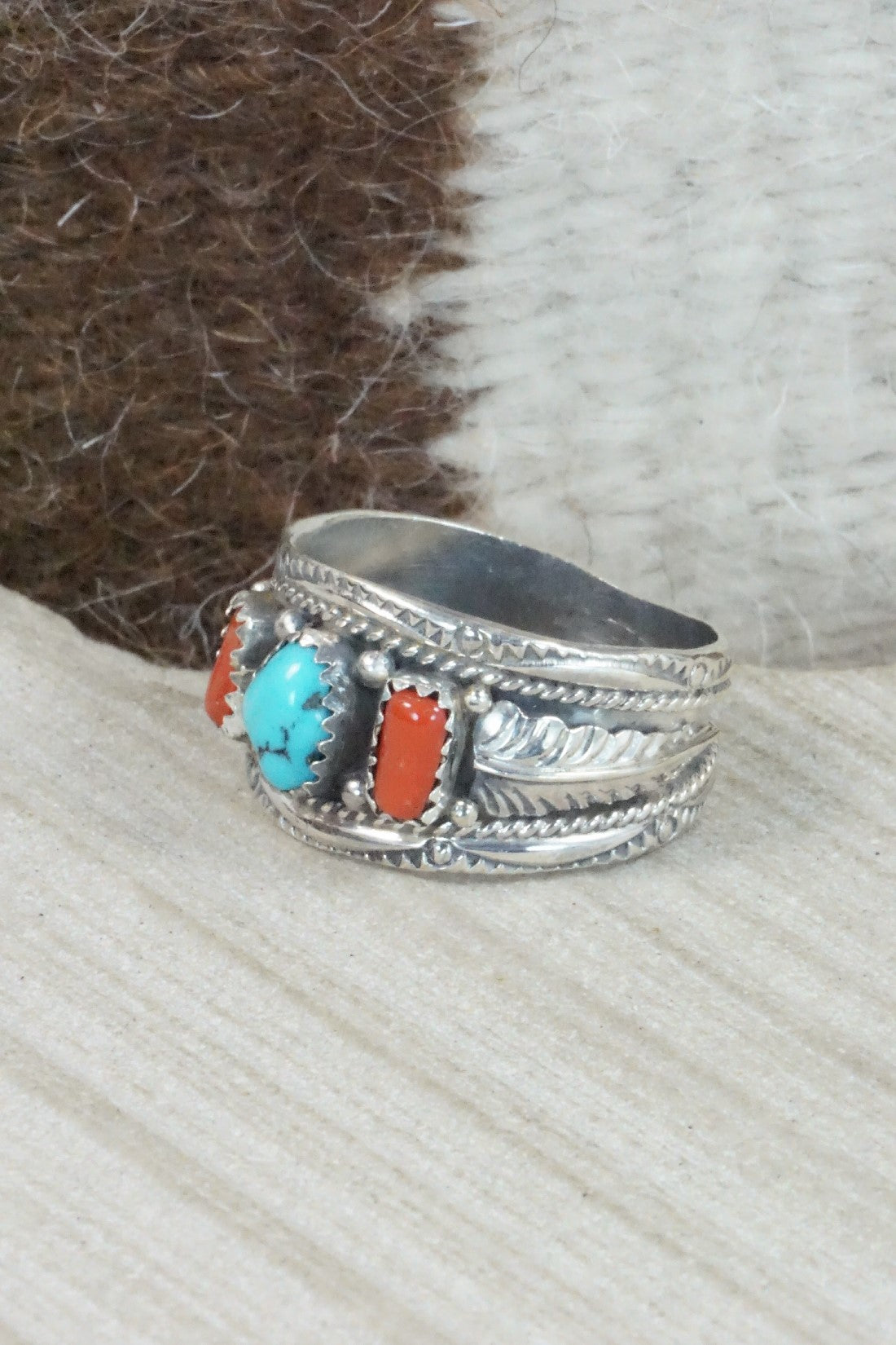 Turquoise, Coral & Sterling Silver Ring - Betty Begay - Size 12