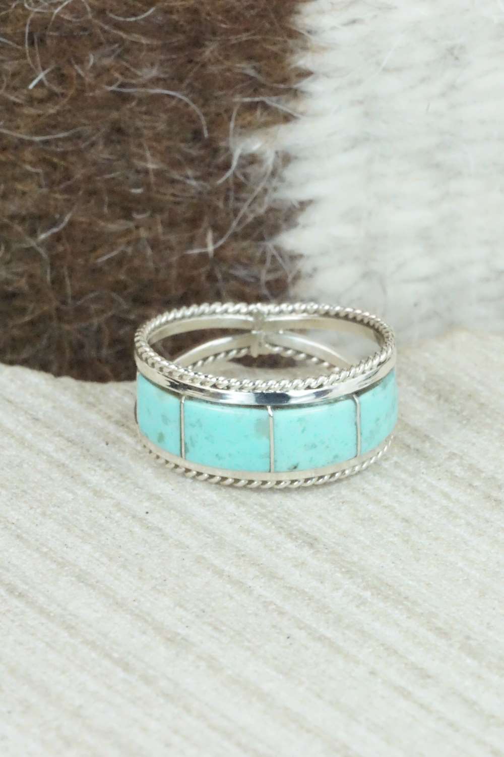 Turquoise & Sterling Silver Inlay Ring - Bruce Johnson - Size 7