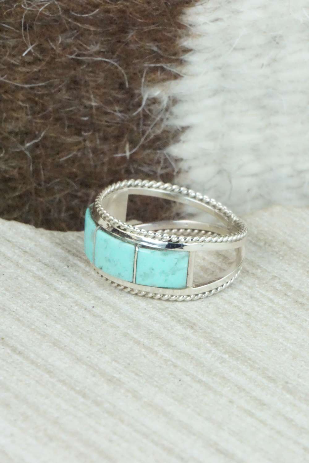 Turquoise & Sterling Silver Inlay Ring - Bruce Johnson - Size 7