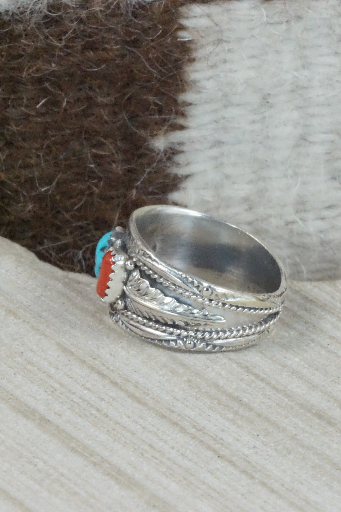 Turquoise, Coral & Sterling Silver Ring - Betty Begay - Size 12