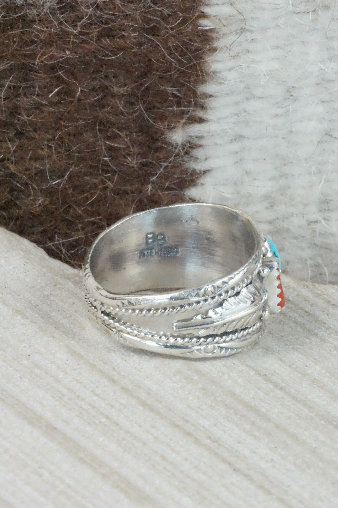 Turquoise, Coral & Sterling Silver Ring - Betty Begay - Size 12