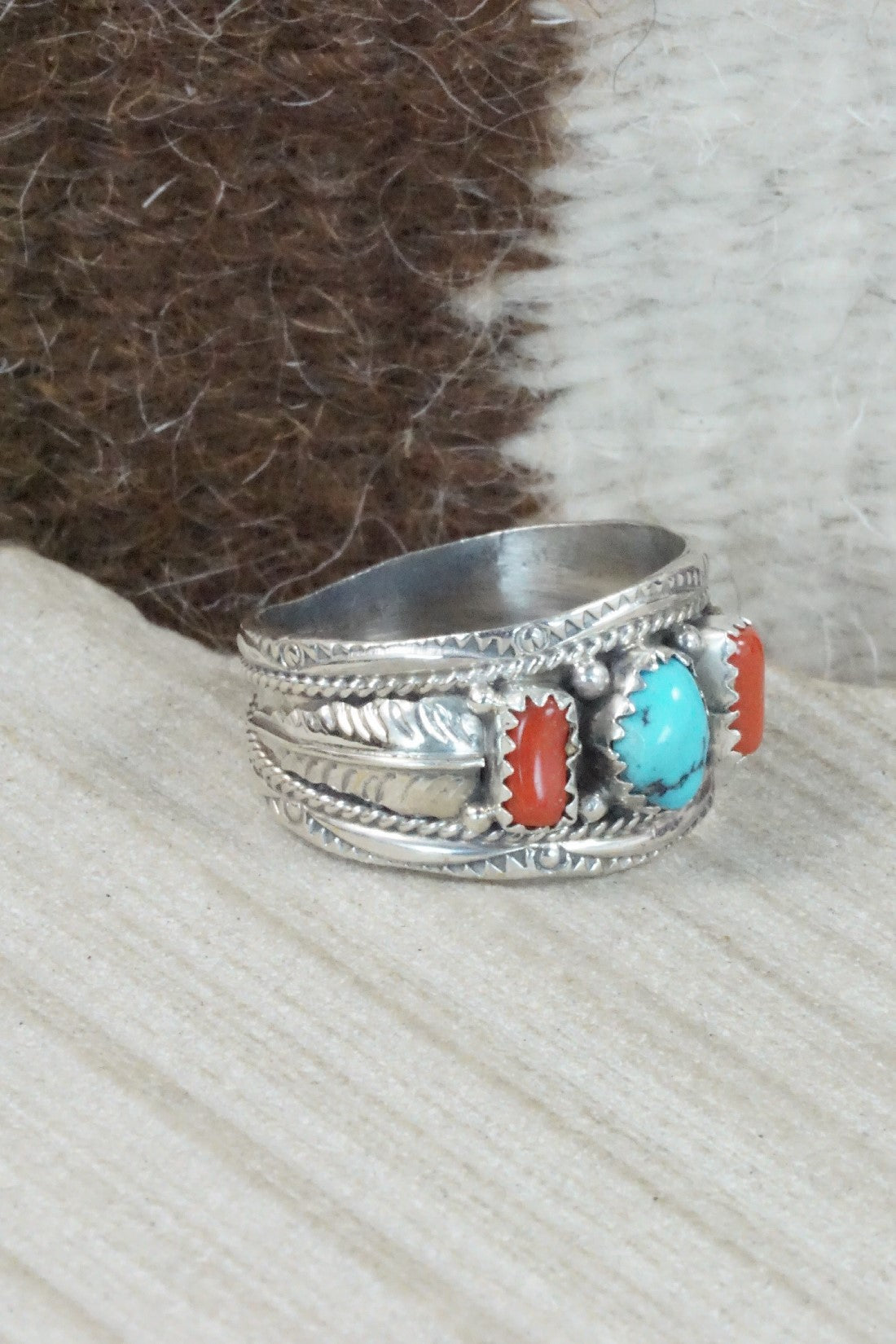 Turquoise, Coral & Sterling Silver Ring - Betty Begay - Size 12