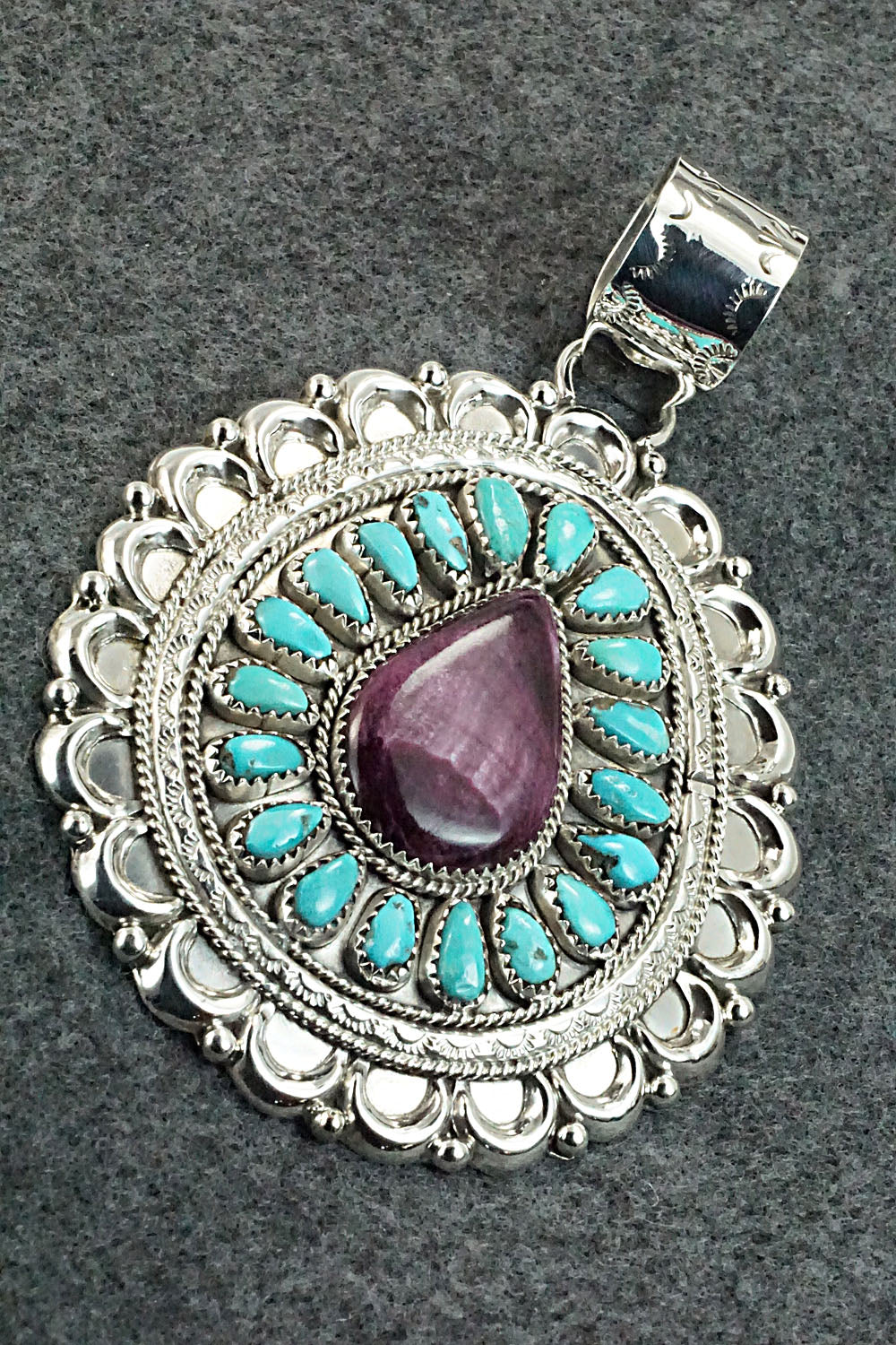 Turquoise, Spiny Oyster & Sterling Silver Pendant - Justina Wilson