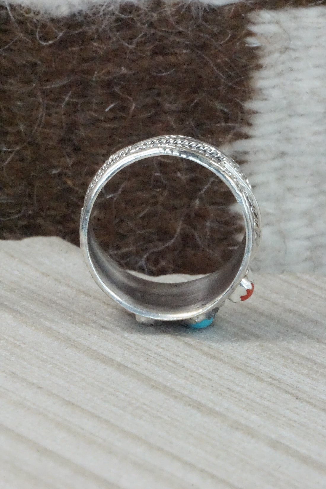 Turquoise, Coral & Sterling Silver Ring - Betty Begay - Size 12