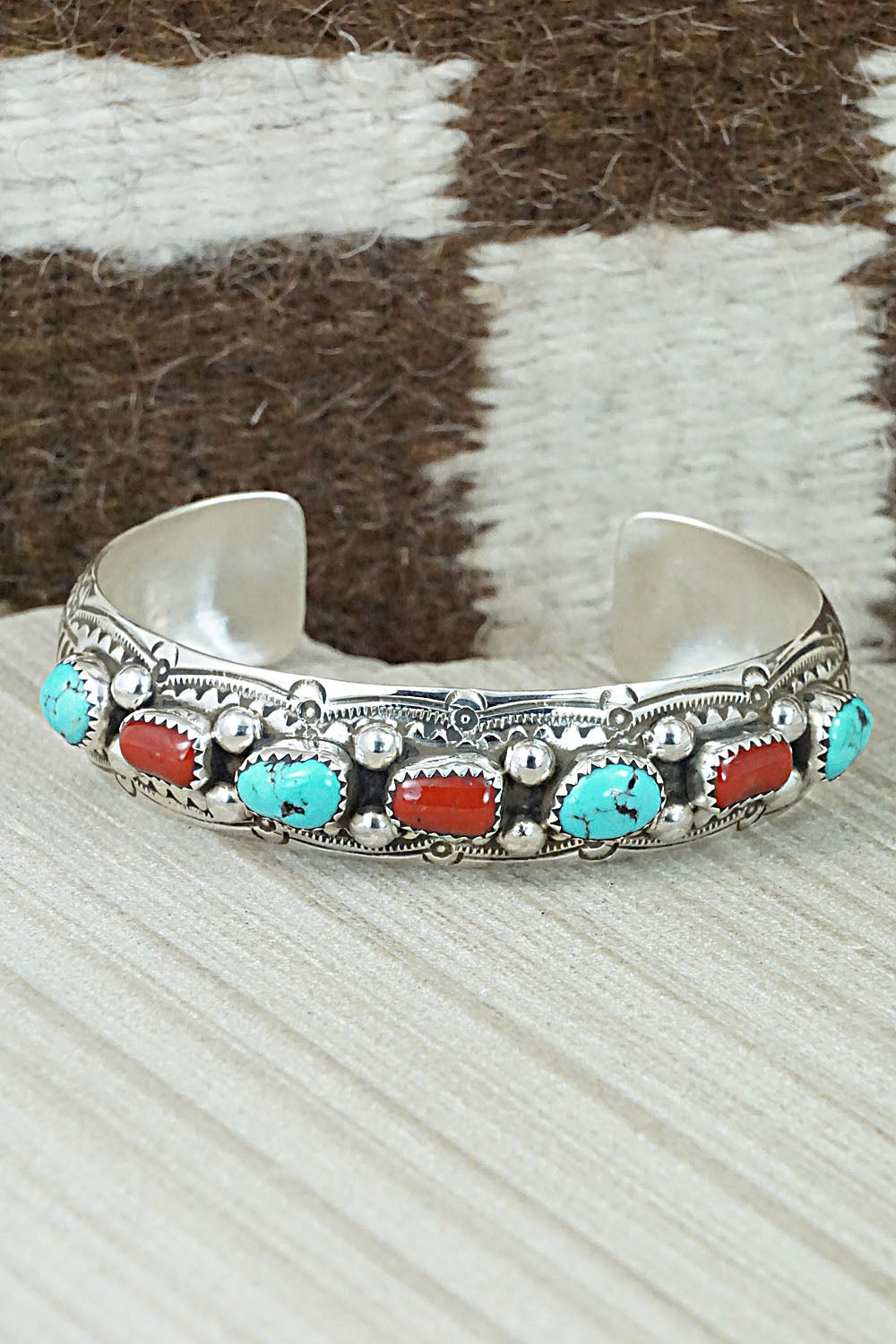 Turquoise, Coral & Sterling Silver Bracelet - Grace Silver