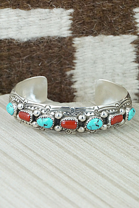 Turquoise, Coral & Sterling Silver Bracelet - Grace Silver