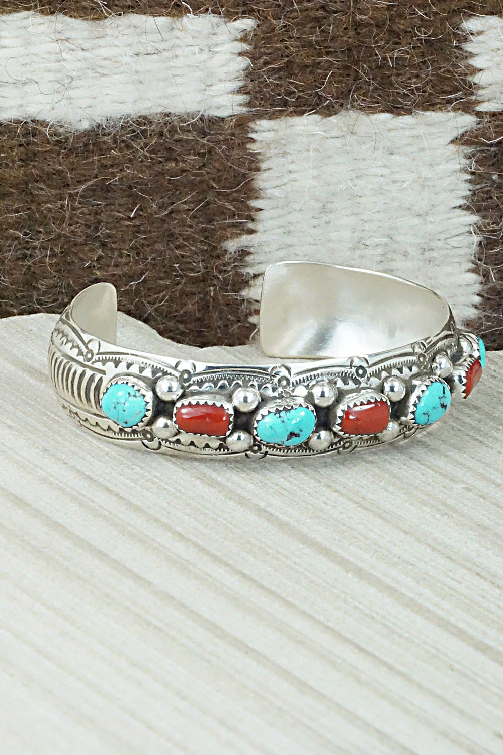 Turquoise, Coral & Sterling Silver Bracelet - Grace Silver