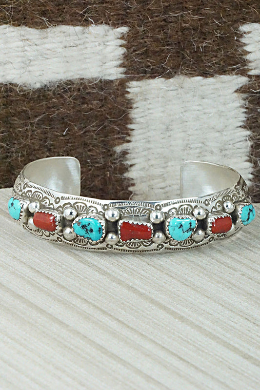 Turquoise, Coral & Sterling Silver Bracelet - Grace Silver