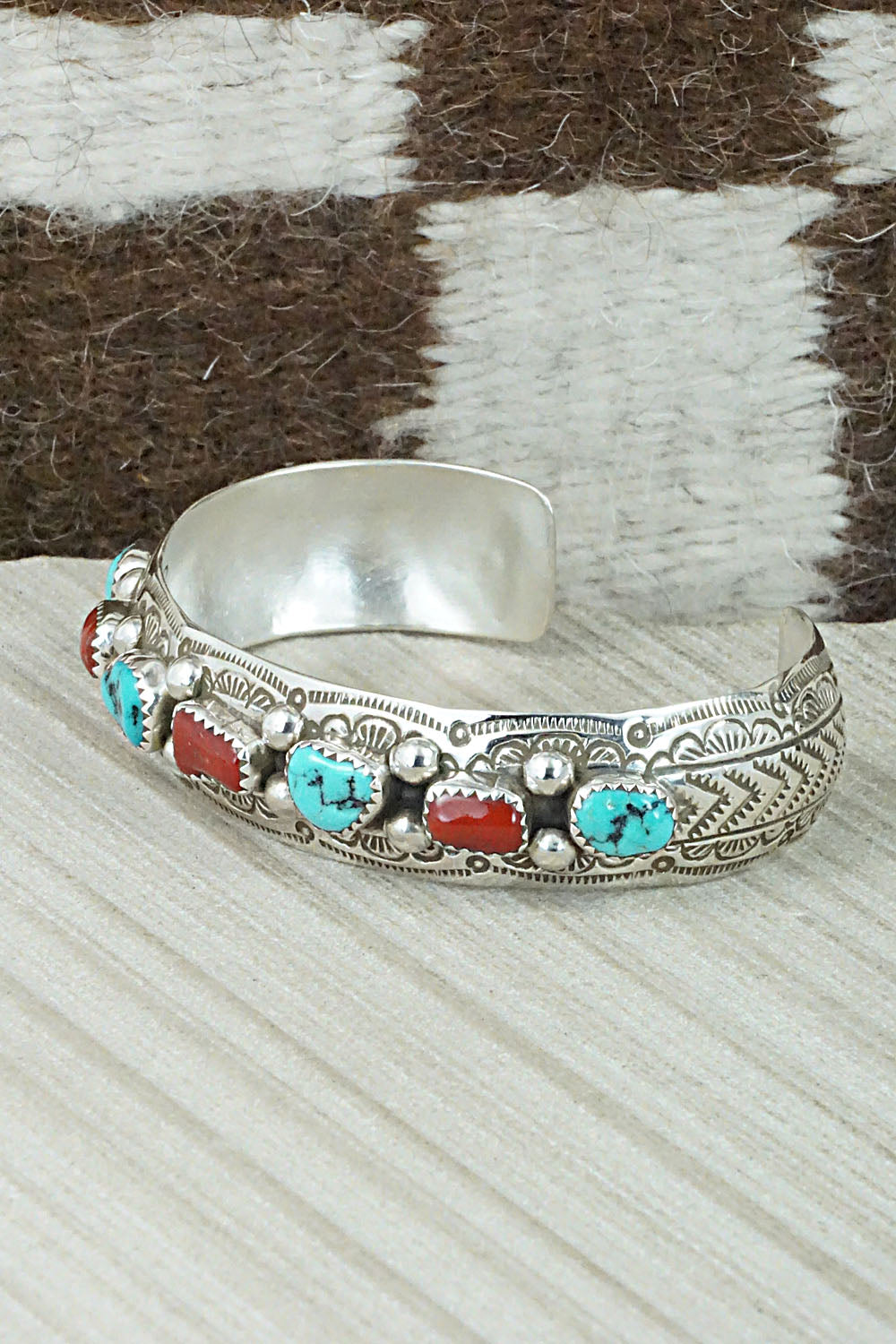 Turquoise, Coral & Sterling Silver Bracelet - Grace Silver