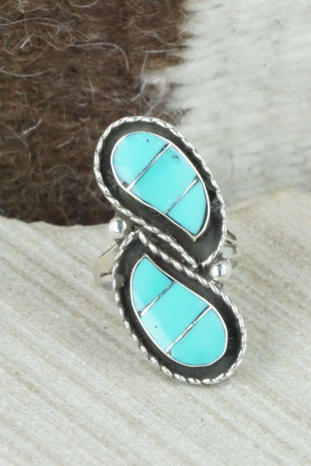 Turquoise & Sterling Silver Inlay Ring - Susie Lowsayatee - Size 8.5