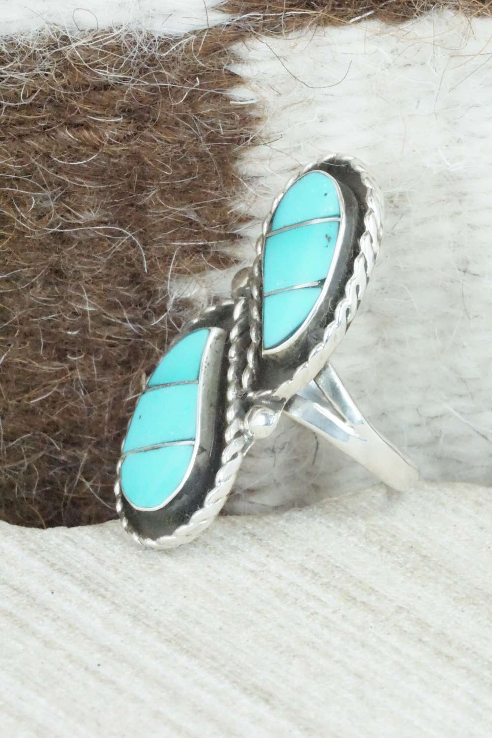 Turquoise & Sterling Silver Inlay Ring - Susie Lowsayatee - Size 8.5