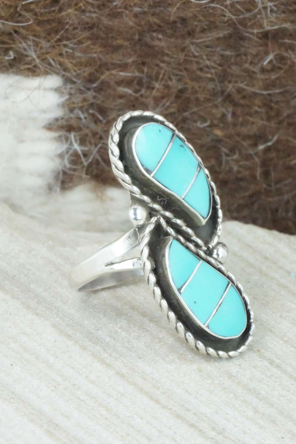 Turquoise & Sterling Silver Inlay Ring - Susie Lowsayatee - Size 8.5