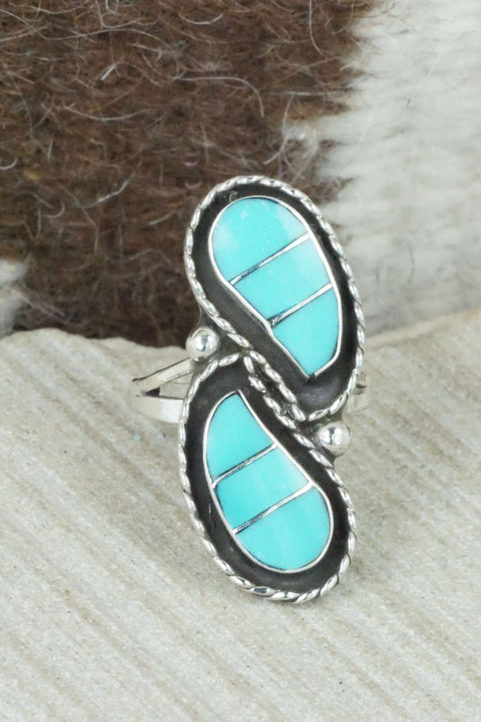 Turquoise & Sterling Silver Inlay Ring - Susie Lowsayatee - Size 7.5