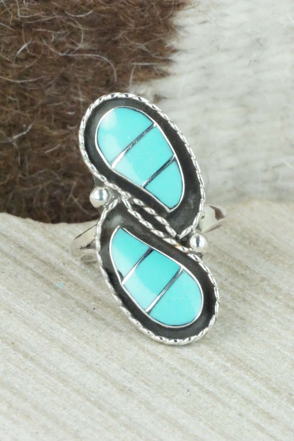 Turquoise & Sterling Silver Inlay Ring - Susie Lowsayatee - Size 6.75