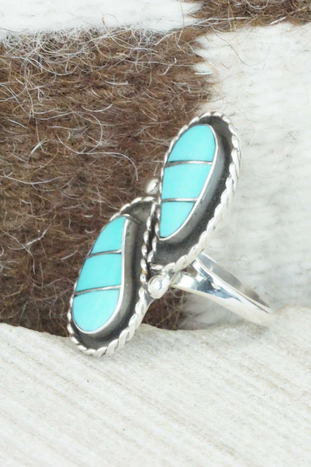 Turquoise & Sterling Silver Inlay Ring - Susie Lowsayatee - Size 6.75