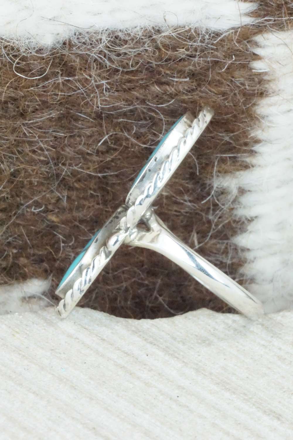 Turquoise & Sterling Silver Inlay Ring - Susie Lowsayatee - Size 6.75