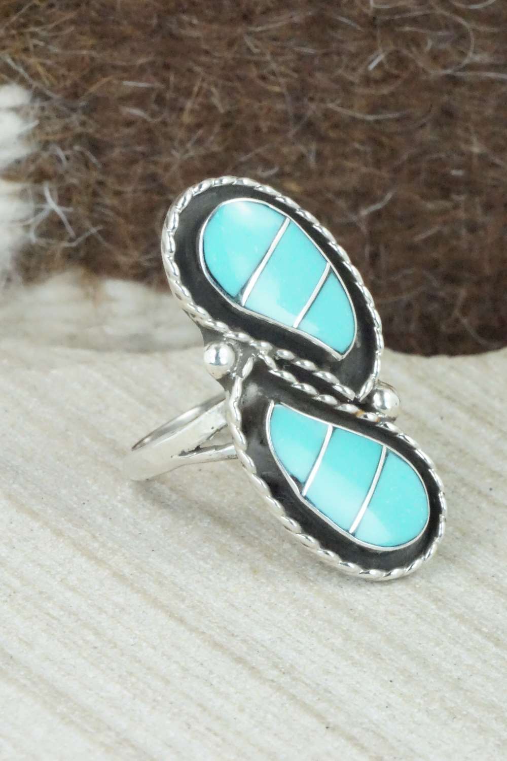 Turquoise & Sterling Silver Inlay Ring - Susie Lowsayatee - Size 6.75