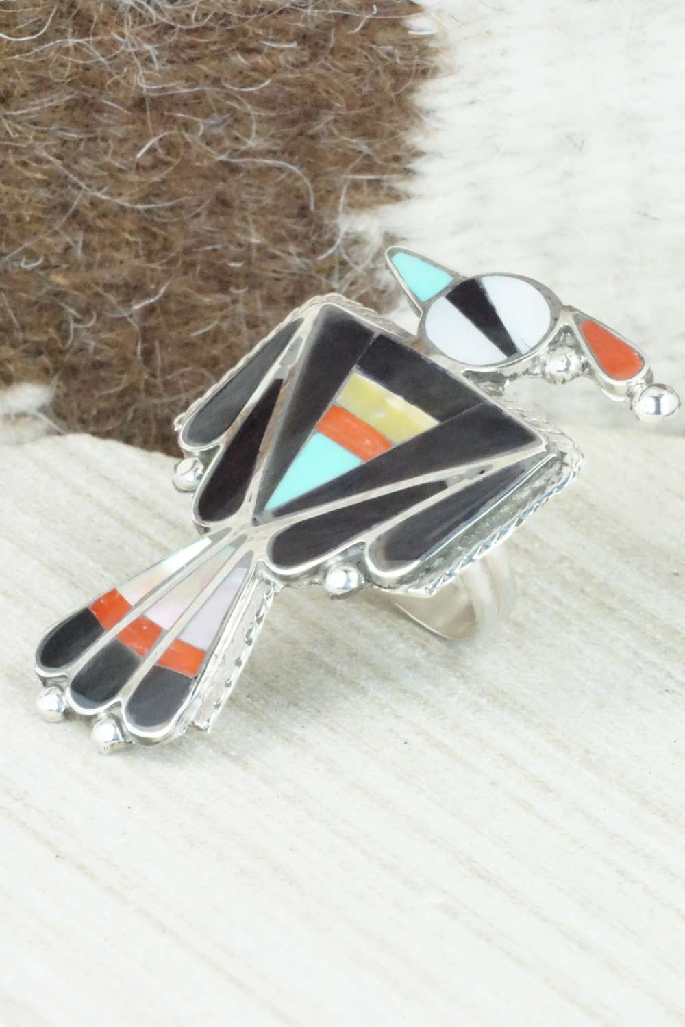 Multi Stone & Sterling Silver Inlay Ring - Delgar Cellicion - Size 6.5