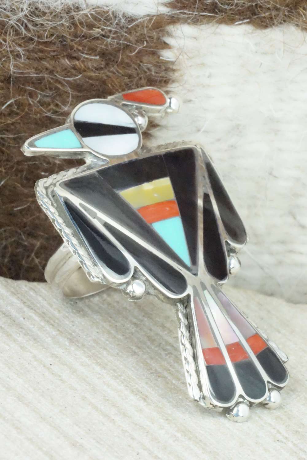 Multi Stone & Sterling Silver Inlay Ring - Delgar Cellicion - Size 6.5